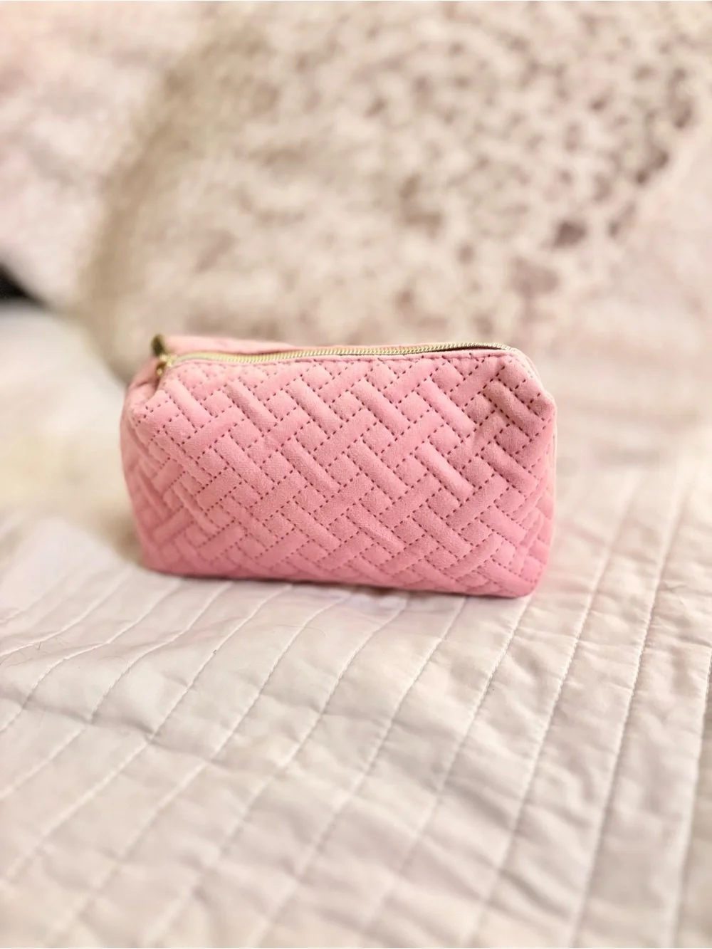 Ulta Beauty Pink Quilted Makeup Bag with Gold Zipper